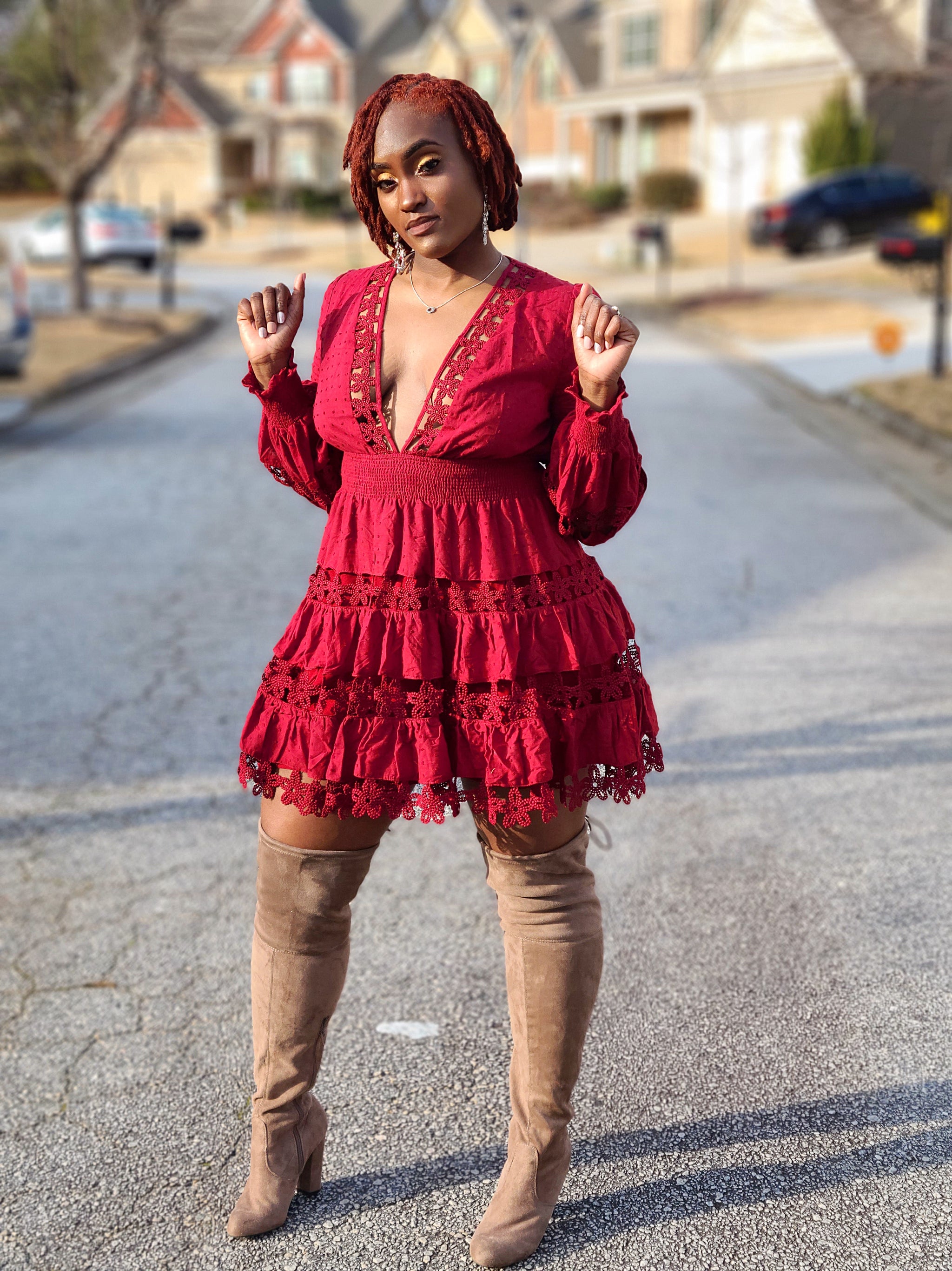 red velvet babydoll dress Cranberry Spritz Velvet Babydoll Dress in Red
